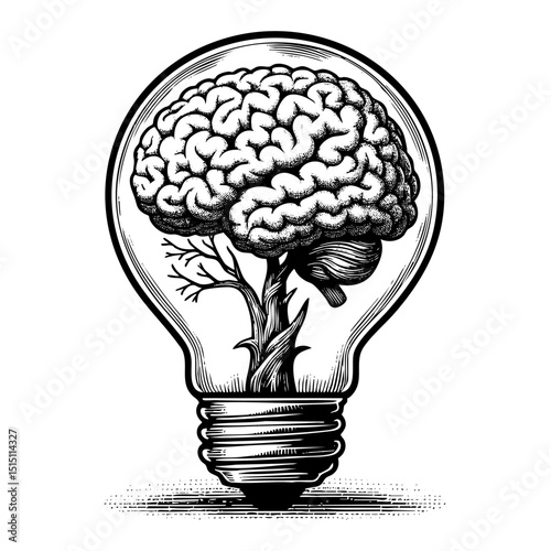 brain inside bulb lamp sketch engraving black and white outline. Scratch board imitation.