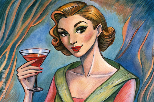 Elegant Retro Woman Holding Cocktail in Classic 1950s Hand-Drawn Style