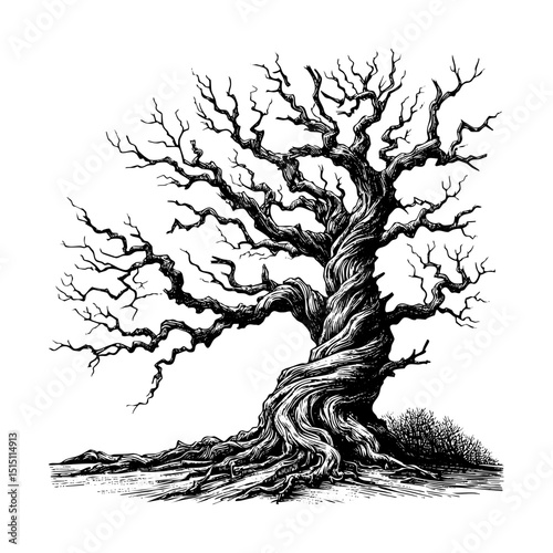 Deciduous tree without leaf sketch engraving black and white outline. Scratch board imitation.  illustrated in vintage line art style on a white background.