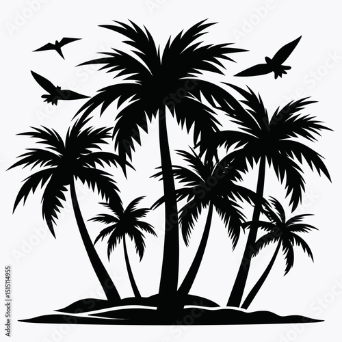 Tropical island sunset with silhouetted palm trees