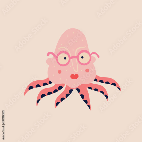 a quirky octopus with a cute face in glasses. Illustration in a modern children's hand-drawn style