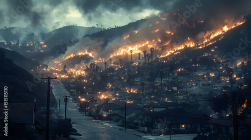 In a mountainous area, houses are at risk as a large wildfire threatens to engulf the charming suburban neighborhood, creating an air of imminent chaos. photo