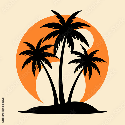 Palm tree silhouettes against a tropical sunset beach landscape