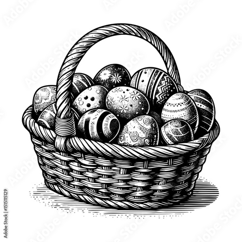 Easter egg on wooden basket sketch engraving black and white outline. Scratch board imitation.  illustrated in vintage line art style on a white background.
