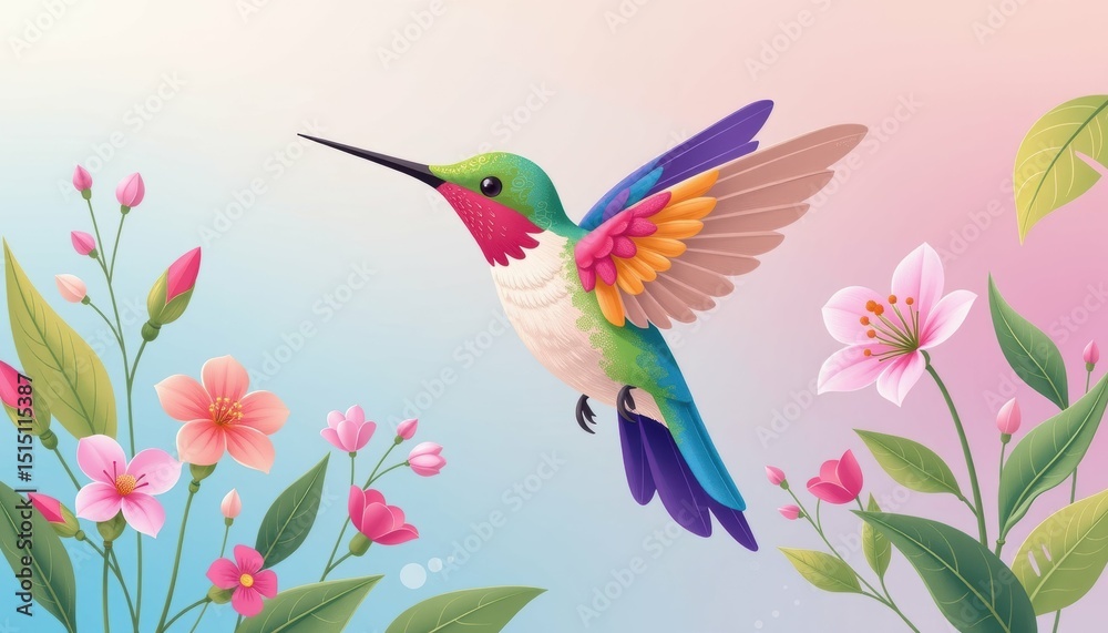 Obraz premium Graceful Hummingbird Feeding on Colorful Flowers Tropical Garden Digital Artwork Vibrant Environment Close-up View