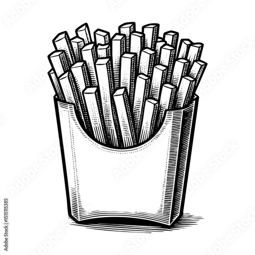 French fries sketch engraving black and white outline. Scratch board imitation. Illustrated in vintage line art style on a white background.