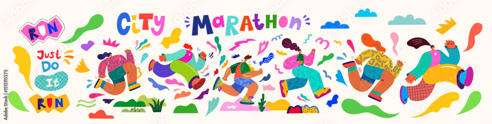 custom made wallpaper toronto digitalDesign for City Marathon. Banner with happy sport  running people. Colorful design for marathon with characters girls and man