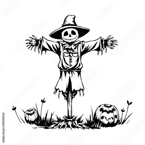 Scarecrow engraving black and white outline. Scratch board imitation.  illustrated in vintage line art style on a white background.