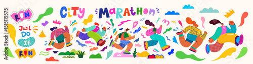 Design for City Marathon. Banner with happy sport  running people. Colorful design for marathon with characters girls and man
