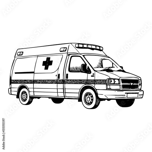 Ambulance sketch engraving black and white outline. Scratch board imitation.  illustrated in vintage line art style on a white background.