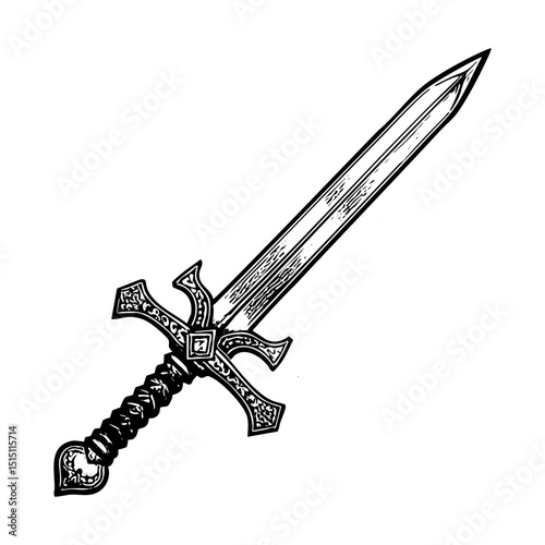 Sword sketch engraving black and white outline. Scratch board imitation.