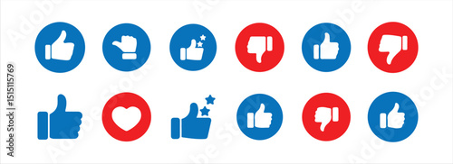 Red and Blue Thumbs Up and Down Icons – Like Dislike Buttons for Social Media Feedback. Victor illustration eps 10.