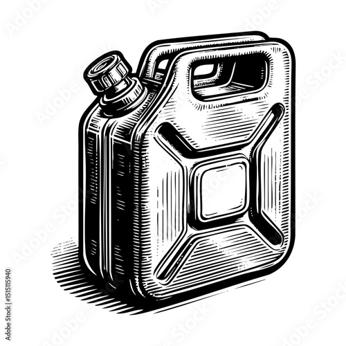 Gas can sketch engraving black and white outline. Scratch board imitation.