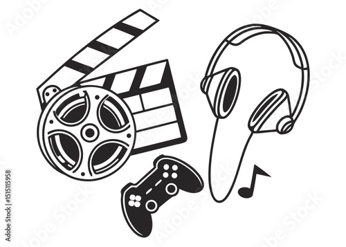 monochrome icon set representing entertainment essentials