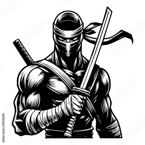 Ninja holding sword sketch engraving black and white outline. Scratch board imitation.  illustrated in vintage line art style on a white background.