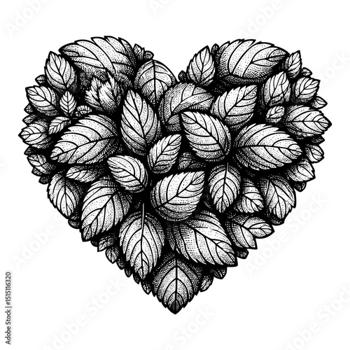 heart-shaped mint leaf with leaves sketch engraving black and white outline. Scratch board imitation.