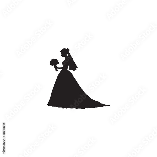 Elegant bride silhouette holding bouquet vector illustration for wedding design