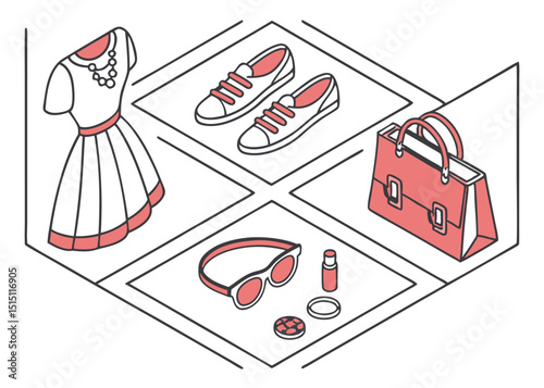isometric icon set representing fashion essentials
