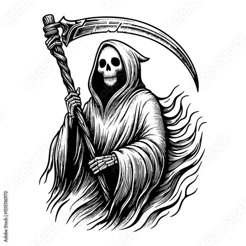 Grim reaper holding sickle sketch engraving black and white outline. Scratch board imitation.
