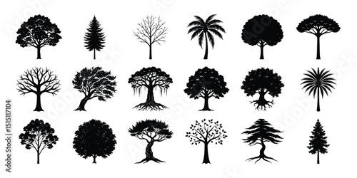 Tree silhouette vector set featuring pine oak palm acacia and bonsai trees perfect for nature scenes logo design poster art eco themes and landscape illustrations.