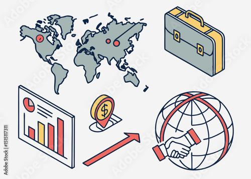 isometric icon set representing global business essentials