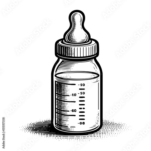 Milk baby bottle sketch engraving black and white outline. Scratch board imitation.  illustrated in vintage line art style on a white background.