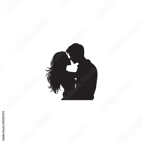 Silhouette of romantic couple embracing and kissing in black and white
