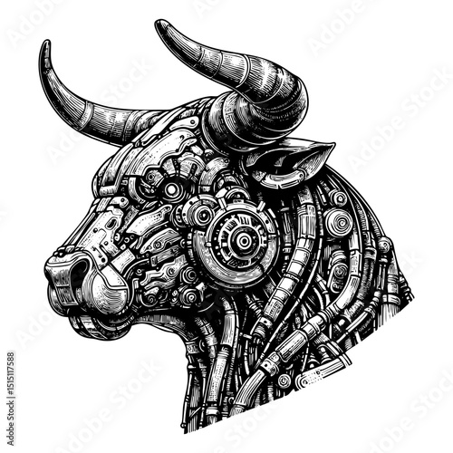 cybernetic bull with mechanical components, gears, and futuristic robotic details in steampunk style sketch engraving black and white outline. Scratch board imitation.