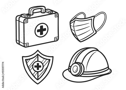 monochrome icon set representing health and safety essentials