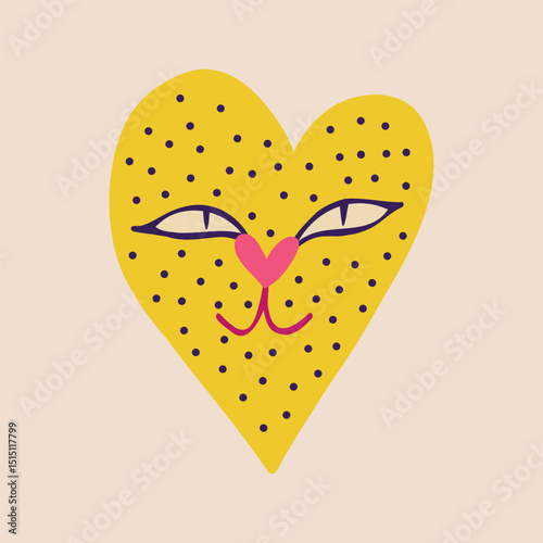 A cute quirky strange clockwork heart with a funny cat face. Illustration in a modern children's hand-drawn style