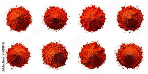 Collection of vibrant red-orange powdered pigments arranged in a grid format against a transparent background, showcasing various textures and grain sizes for artistic applications.
