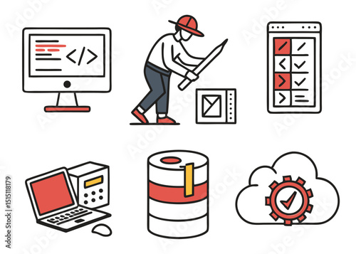 filled outline icon set representing software tools essentials 