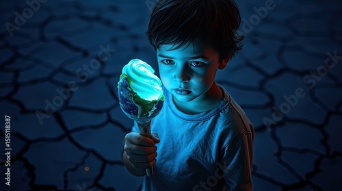 A young boy stands in a dry cracked landscape holding a glowing ice cream cone that resembles Earth. The night sky casts a blue light on his face