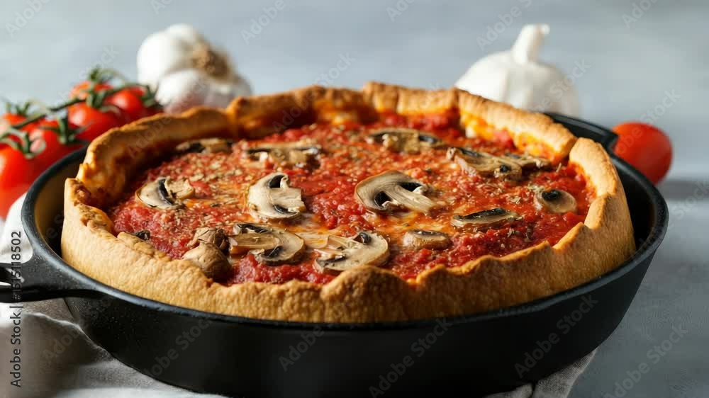 Deep-dish pizza with mushrooms, tomatoes, and garlic Deep-dish pizza with mushrooms, tomatoes, and garlic