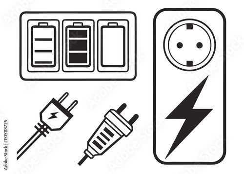 monochrome icon set representing battery and power essentials