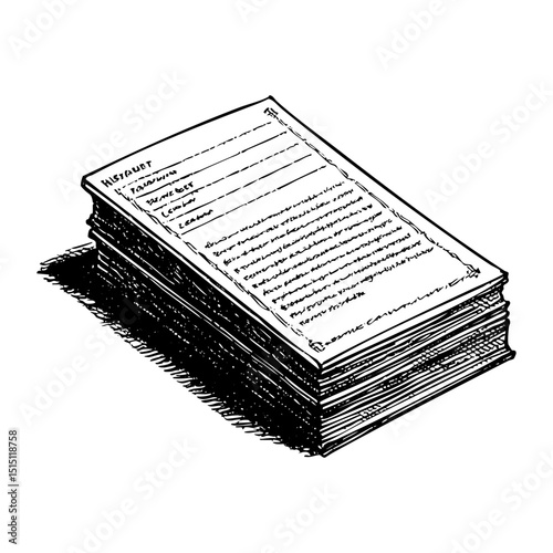 Stack of paper sketch engraving black and white outline. Scratch board imitation.