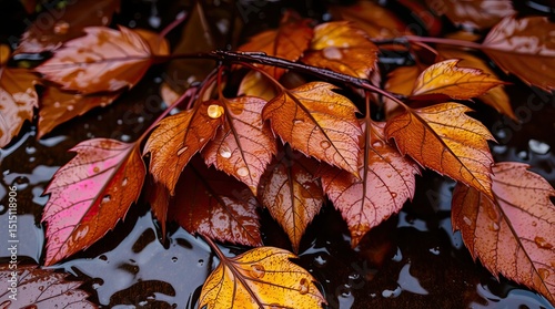 Bright orange and red leaves lie on moist soil glistening with raindrops in a tranquil outdoor environment showcasing the beauty of fall