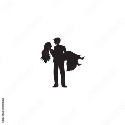 Romantic silhouette of groom holding bride in his arms love and marriage