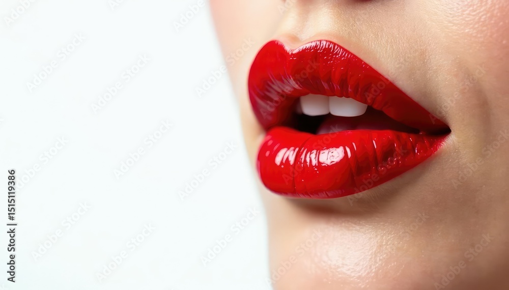 Obraz premium Close-up vibrant red lipstick, pristine white backdrop, lip balm, minimalist