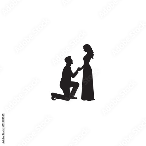 Silhouette of a man proposing to a woman in elegant dress holding hands