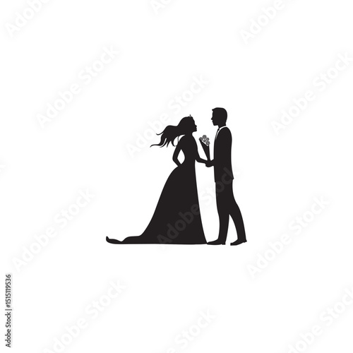 Elegant wedding couple silhouette bride and groom holding hands with flowers