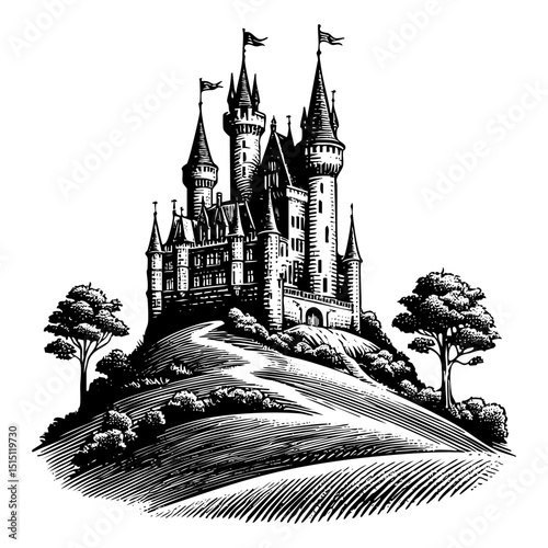 castle sketch engraving black and white outline. Scratch board imitation.  illustrated in vintage line art style on a white background.