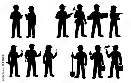Hand-drawn silhouettes of male and female construction workers in various poses with tools. Twelve full-body characters shown in grouped layout. Clean black vector illustration on white background