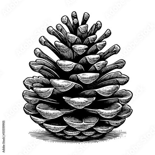 Pinecone engraving black and white outline. Scratch board imitation. illustrated in vintage line art style on a white background.