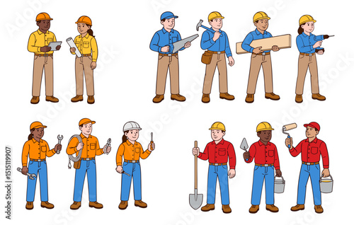 Hand-drawn set of multiethnic construction workers with tools and safety gear. Male and female characters in different uniforms with equipment in full-body poses. Vector illustration isolated on white