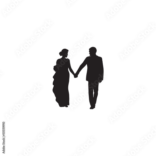 Silhouette of elegant wedding couple holding hands walking together illustration