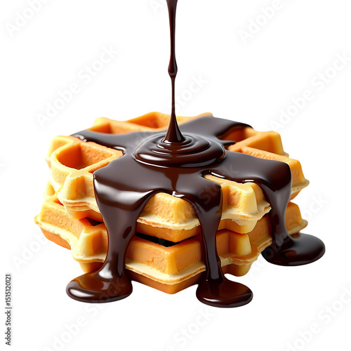 A stack of waffles covered in chocolate syrup with  and chocolate being poured on top isolated on transparent background