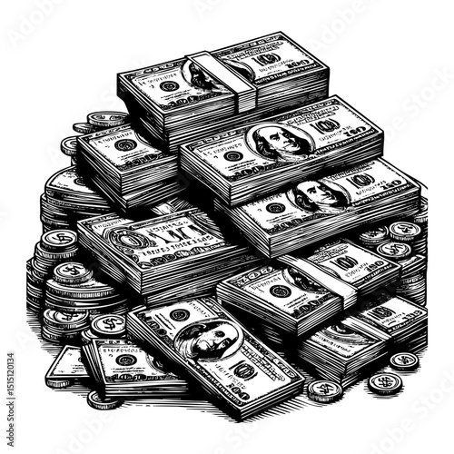 pile of paper money sketch engraving black and white outline. Scratch board imitation.  illustrated in vintage line art style on a white background.