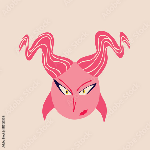 An evil strange demon with an angry face. Illustration in a modern childish hand-drawn style