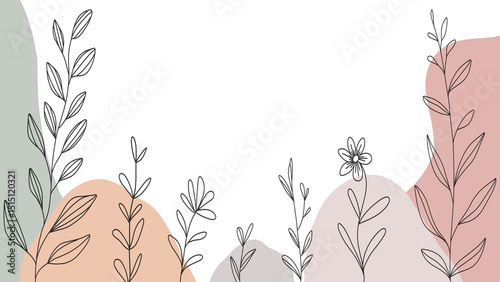 Minimalist botanical line art background with abstract pastel shapes elegant hand-drawn floral illustration for invitations, packaging, social media, and branding design